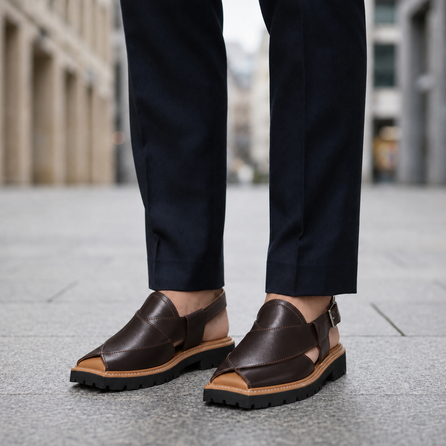 Men's Leather Sandals | Open Toe Buckle Strap Platform Sole