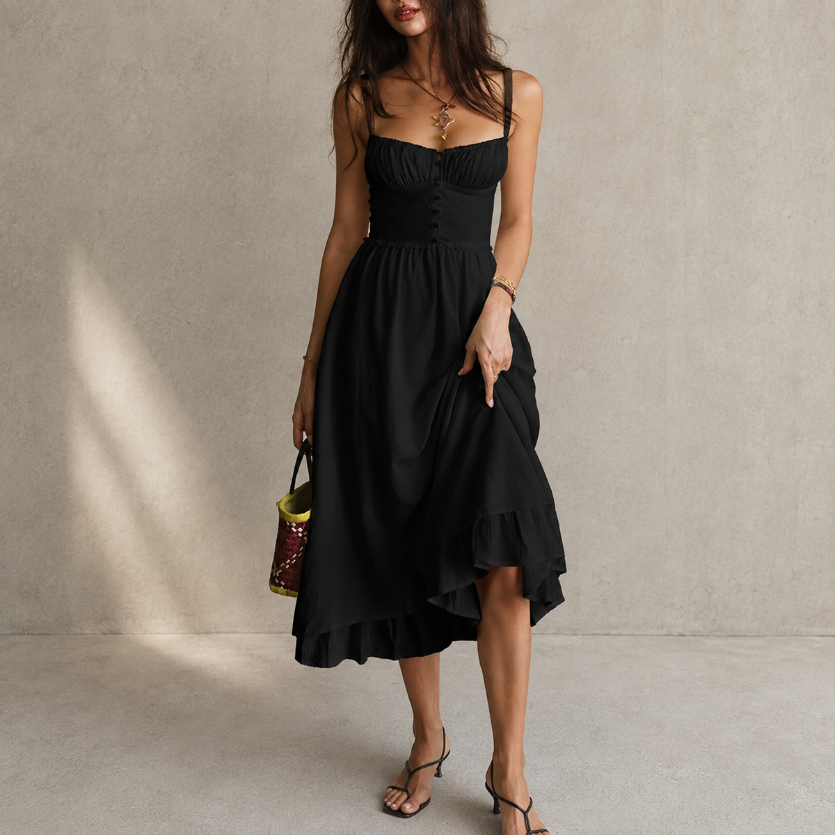 Women's White Dress | Midi Sweetheart Neckline Sleeveless Ruffle