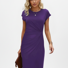 Women's Dress | Midi Length Round Neck Cap Sleeves Ruched