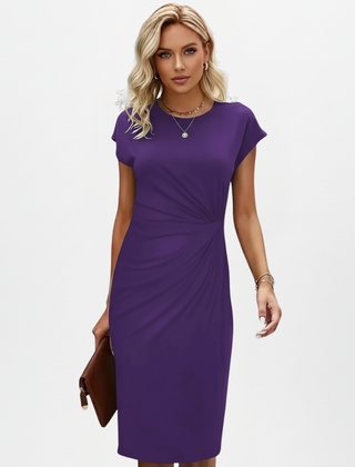 Women's Dress | Midi Length Round Neck Cap Sleeves Ruched