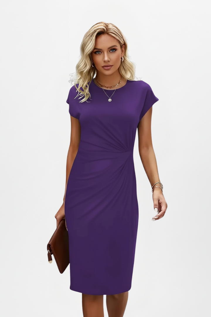 Women's Dress | Midi Length Round Neck Cap Sleeves Ruched