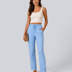 Women's Linen Pants | Relaxed Straight Leg Elastic Waist Rolled Hem