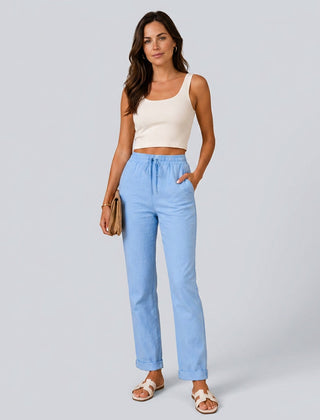 Women's Linen Pants | Relaxed Straight Leg Elastic Waist Rolled Hem