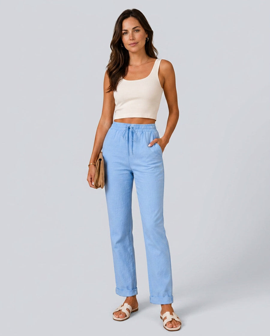 Women's Linen Pants | Relaxed Straight Leg Elastic Waist Rolled Hem