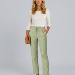Women's Linen Pants | Relaxed Straight Leg Elastic Waist Rolled Hem