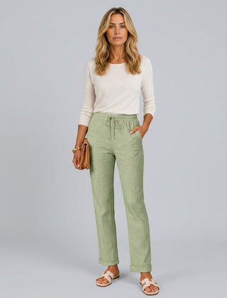 Women's Linen Pants | Relaxed Straight Leg Elastic Waist Rolled Hem