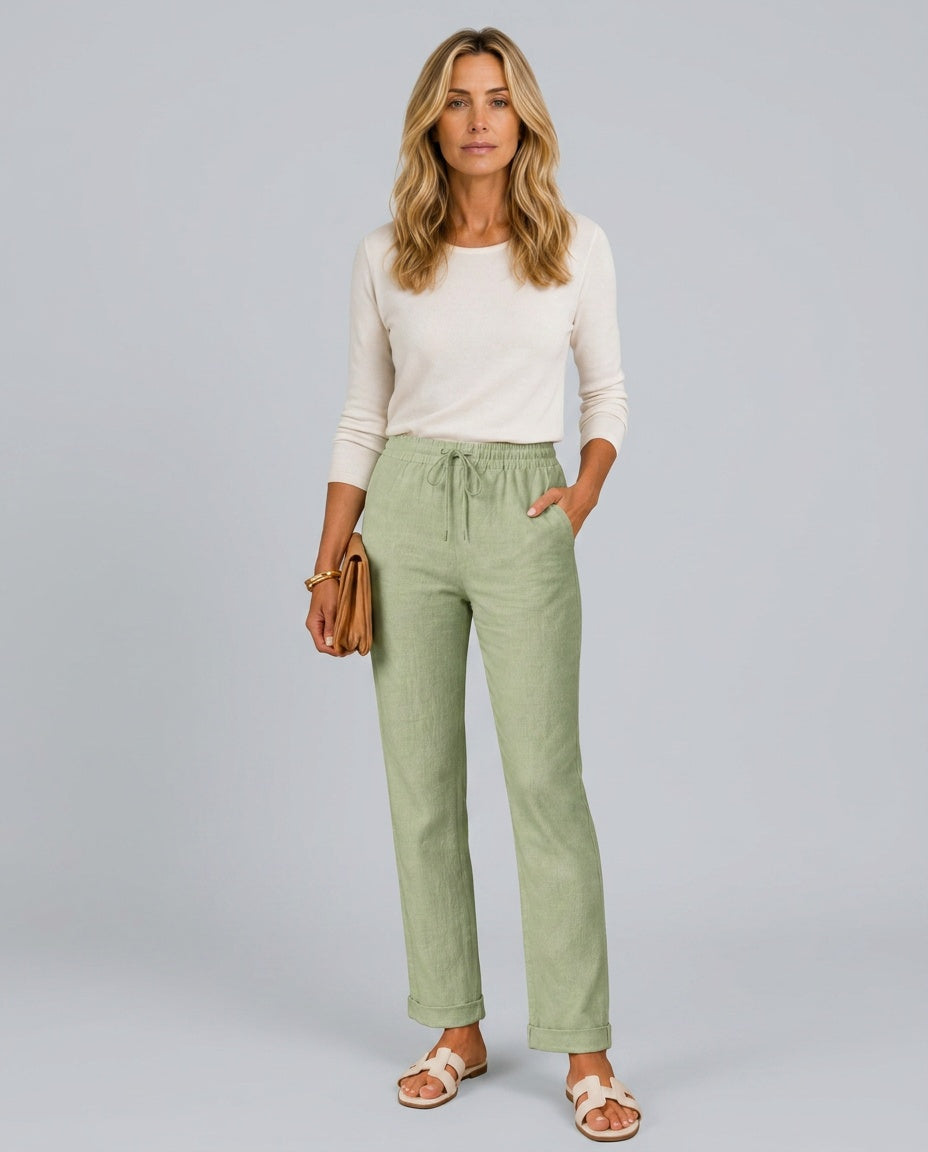 Women's Linen Pants | Relaxed Straight Leg Elastic Waist Rolled Hem