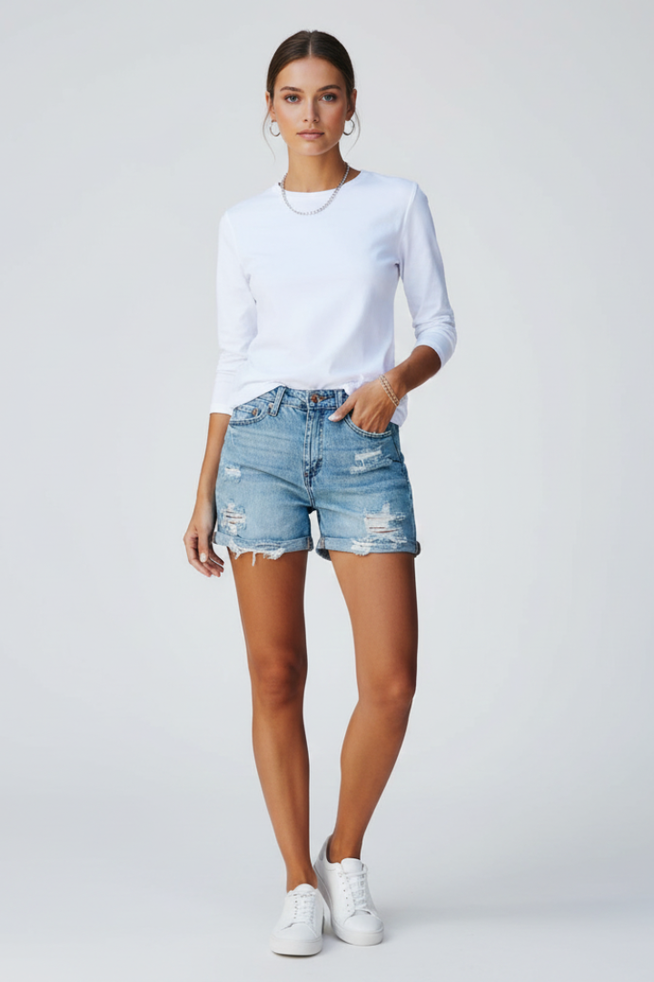 Women's Denim Shorts | Distressed Fringe Hem High Rise
