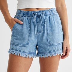 Women's Mini Shorts | Elastic Waist Raw Hem Denim