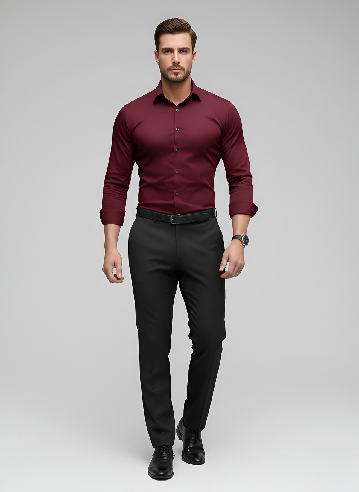 Men's Long Sleeve Top | Slim Fit Wool Point Collar Button