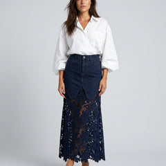 Women's Denim Skirt | Maxi Lace Panel Button Front Scalloped