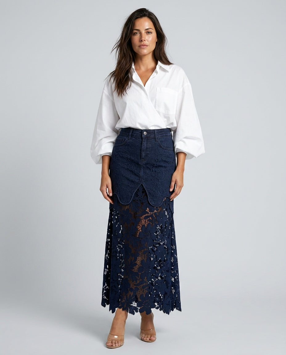 Women's Denim Skirt | Maxi Lace Panel Button Front Scalloped