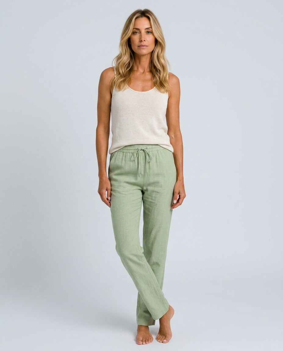 Women's Linen Pants | Relaxed Straight Leg Elastic Waist Rolled Hem