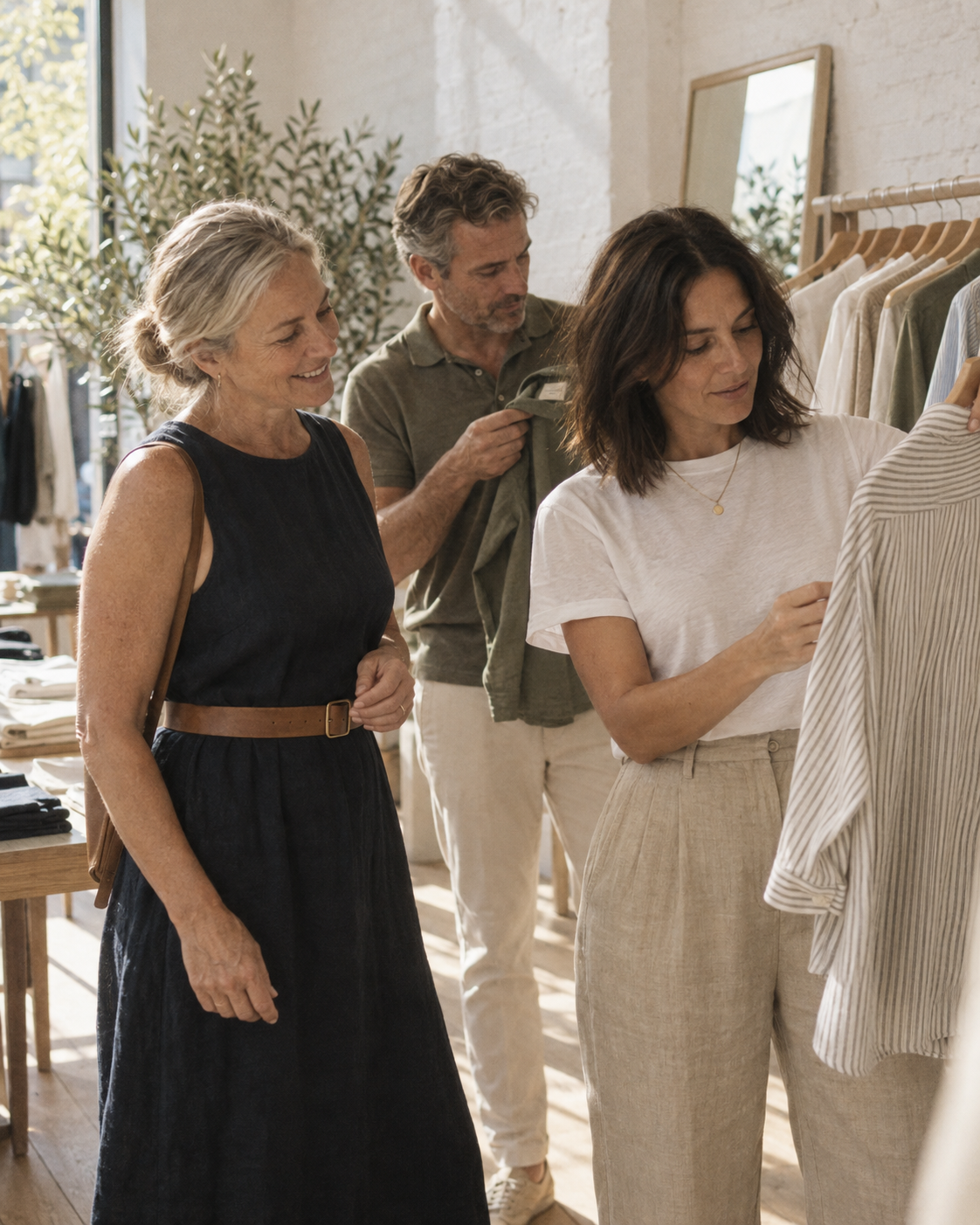 Three people in a bright boutique shop, with the woman on the right examining a light-colored striped top while the man in the center looks at an olive green shirt, and the woman on the left wearing a dark navy sleeveless dress with a brown belt.
