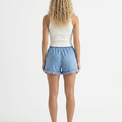 Women's Mini Shorts | Elastic Waist Raw Hem Denim