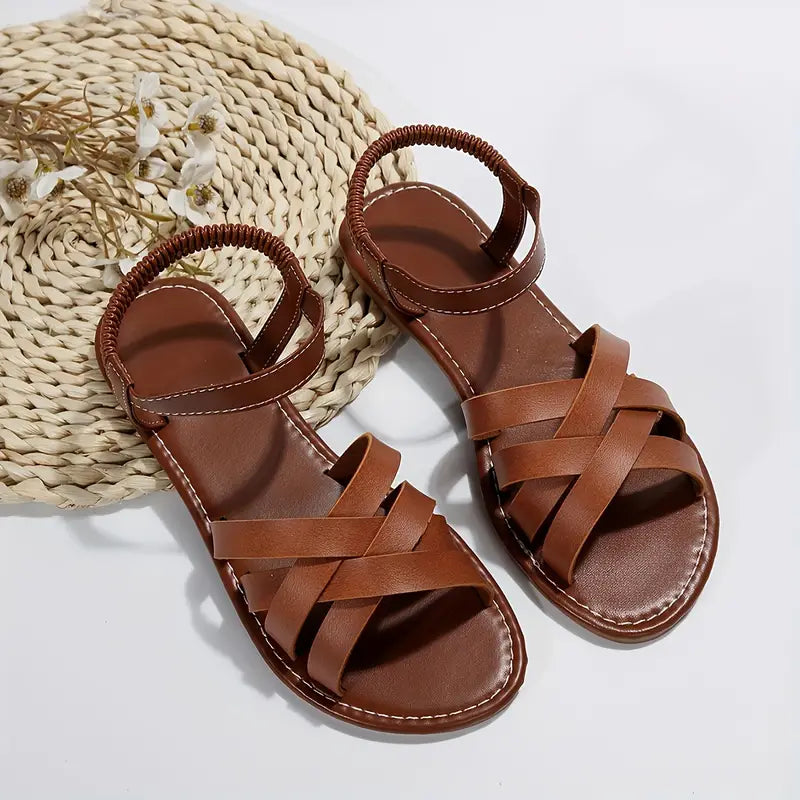 Women's Slide | Open Toe Ankle Strap Leather Flat