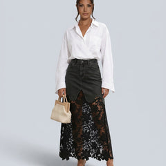 Women's Denim Skirt | Maxi Lace Panel Button Front Scalloped