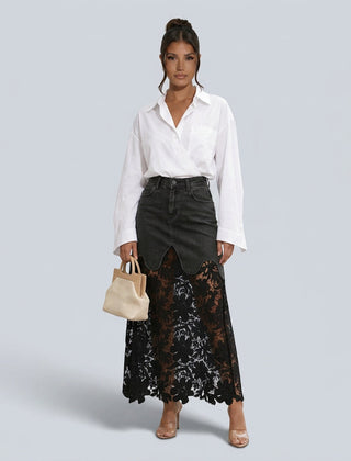 Women's Denim Skirt | Maxi Lace Panel Button Front Scalloped