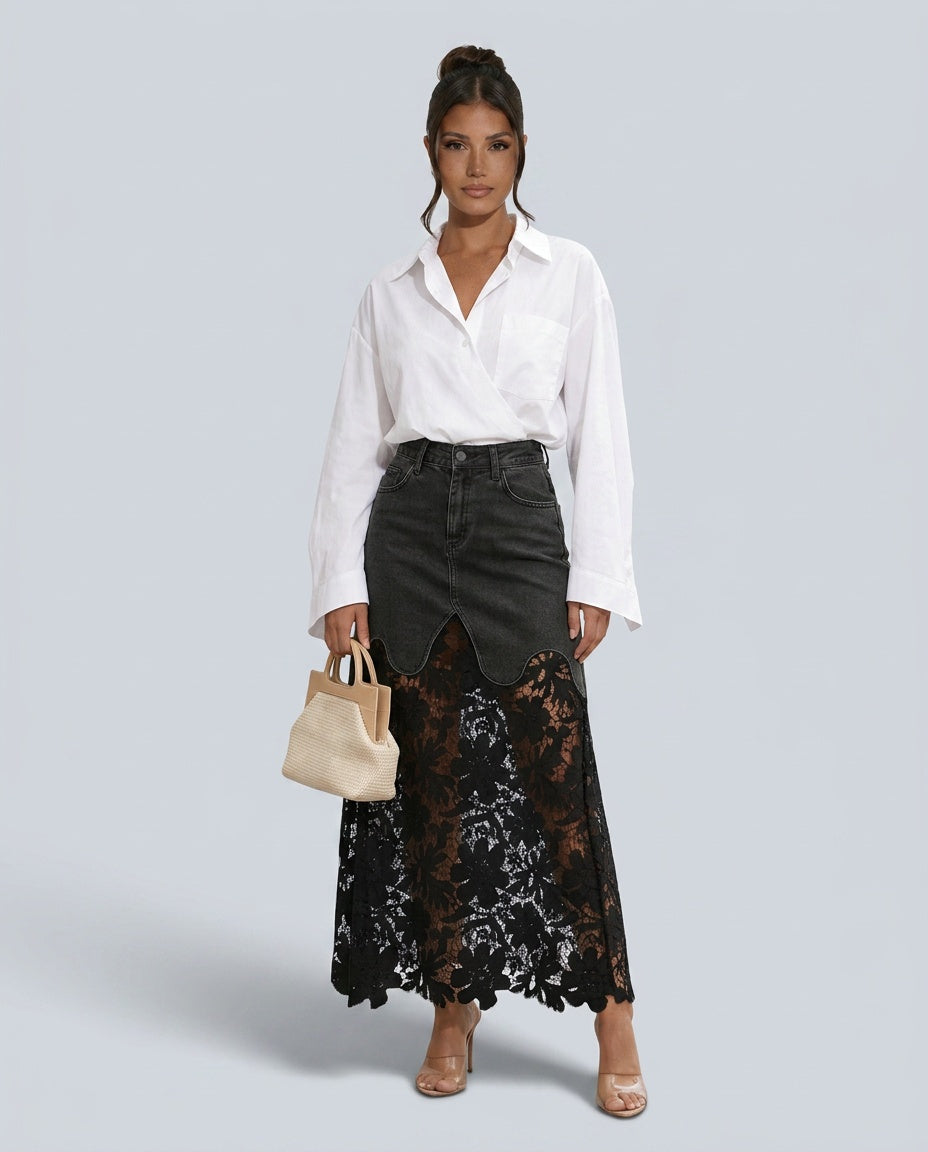 Women's Denim Skirt | Maxi Lace Panel Button Front Scalloped