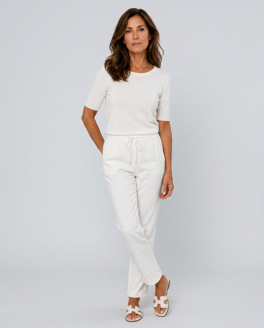 Women's Linen Pants | Relaxed Straight Leg Elastic Waist Rolled Hem