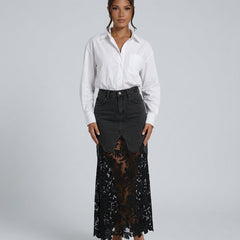 Women's Denim Skirt | Maxi Lace Panel Button Front Scalloped