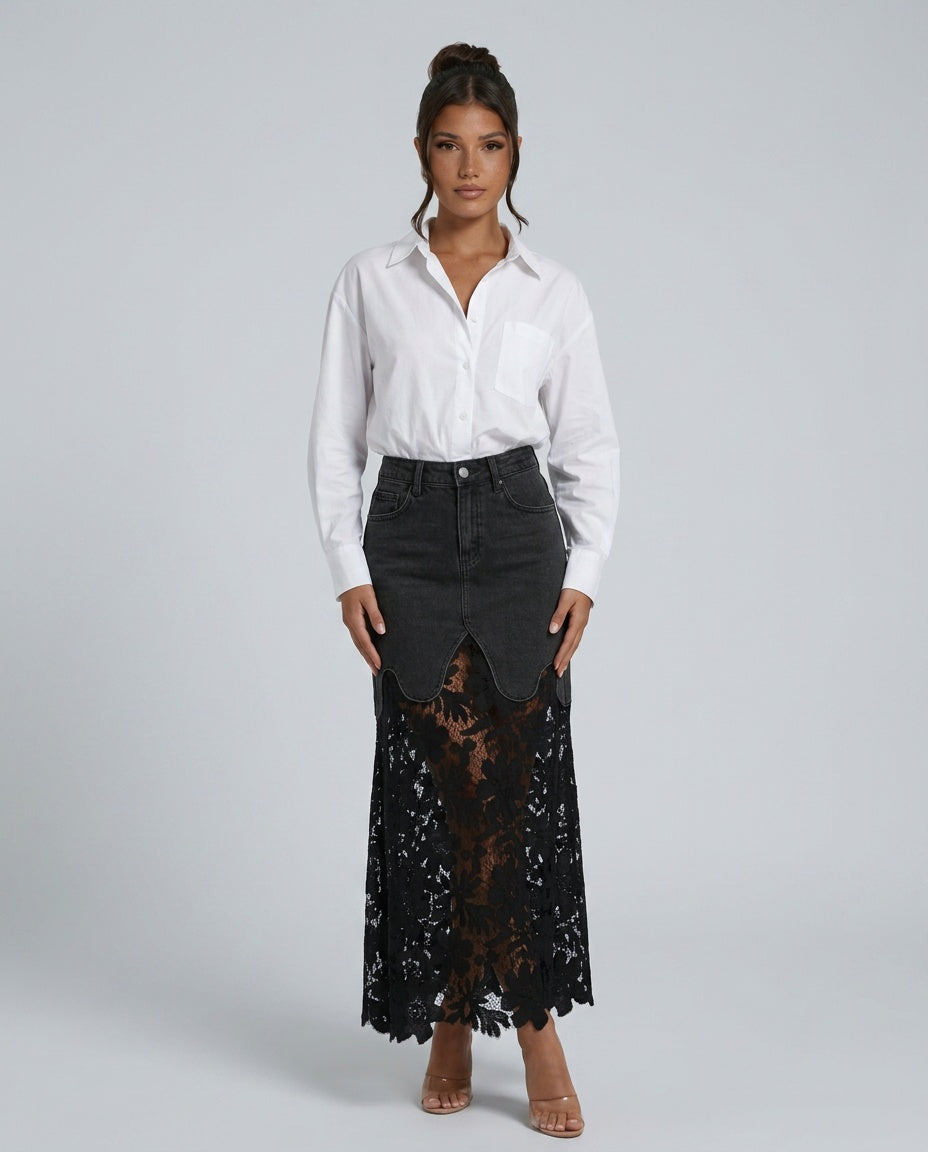 Women's Denim Skirt | Maxi Lace Panel Button Front Scalloped