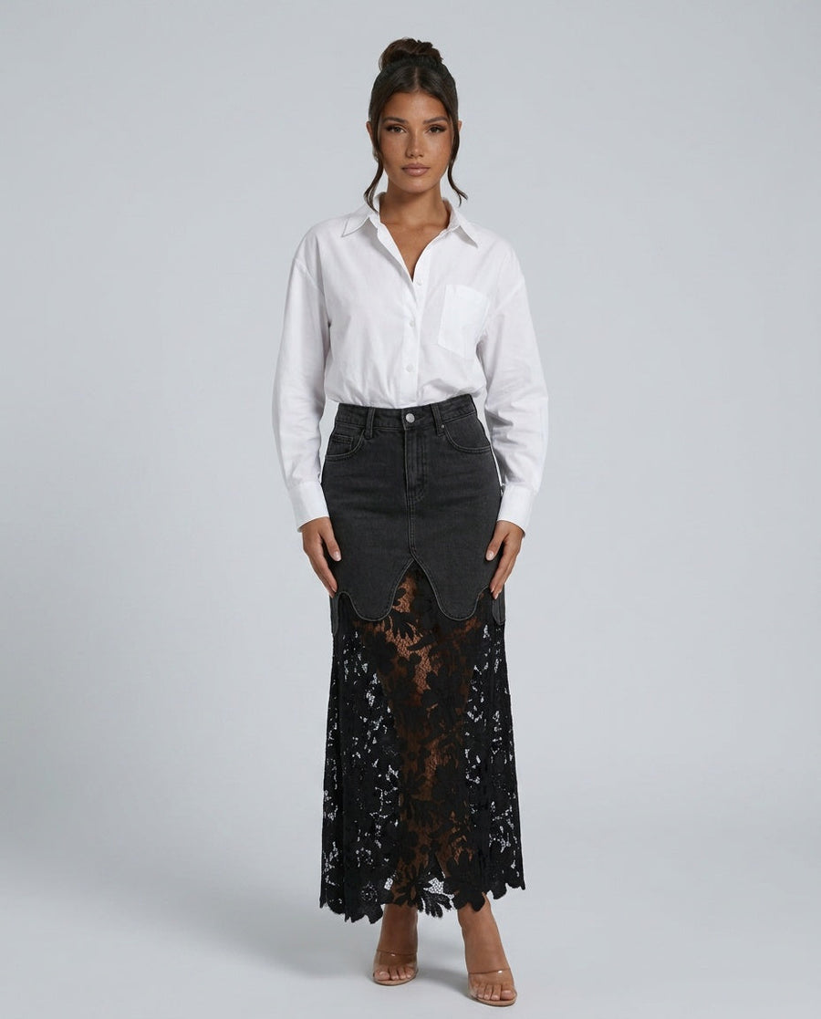 Women's Denim Skirt | Maxi Lace Panel Button Front Scalloped