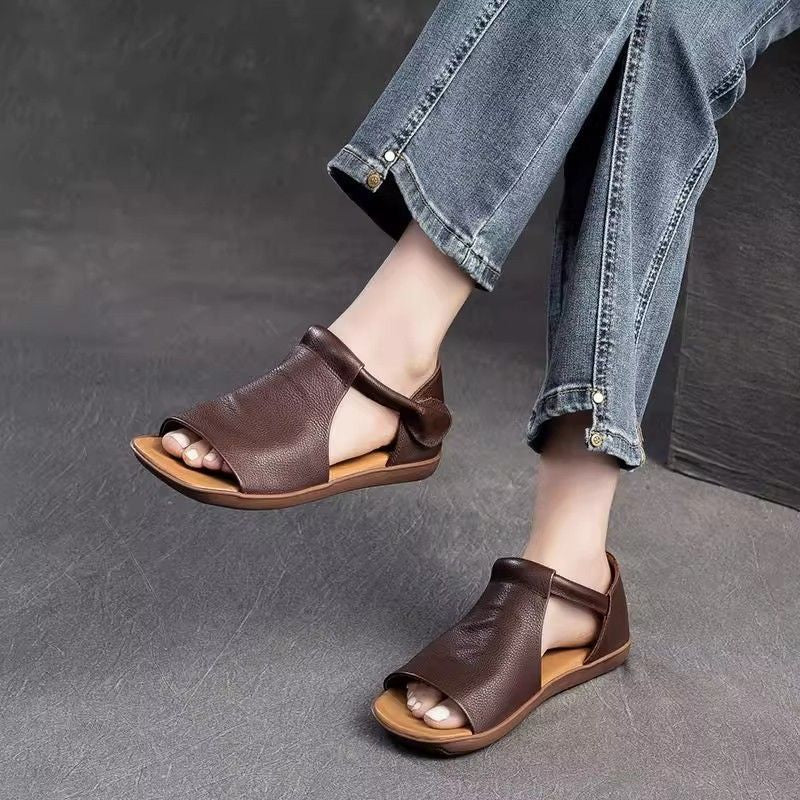 Women's Black Sandals | Open Toe Ankle Strap Flat Leather