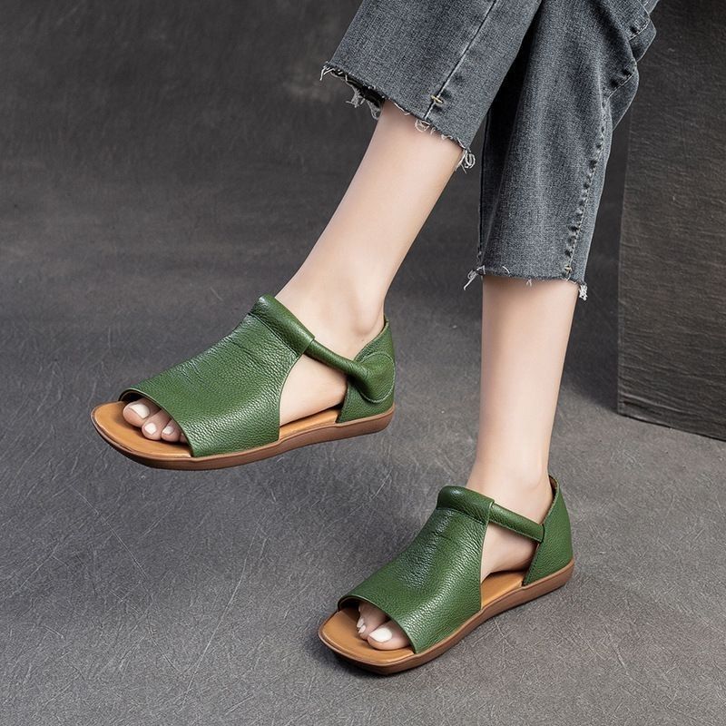 Women's Black Sandals | Open Toe Ankle Strap Flat Leather