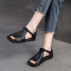 Women's Black Sandals | Open Toe Ankle Strap Flat Leather
