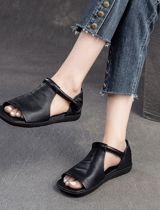 Women's Black Sandals | Open Toe Ankle Strap Flat Leather