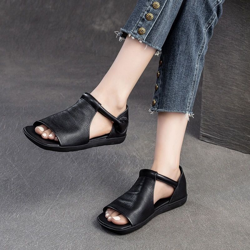 Women's Black Sandals | Open Toe Ankle Strap Flat Leather