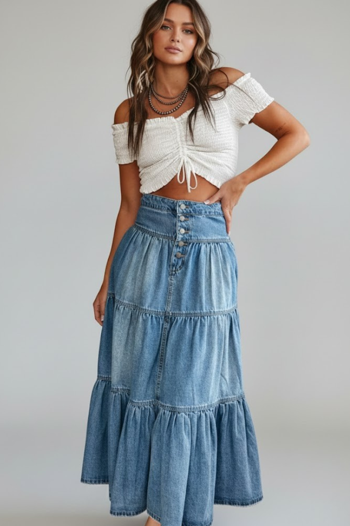 Women's Denim Skirt | Maxi Length Button Front Tiered