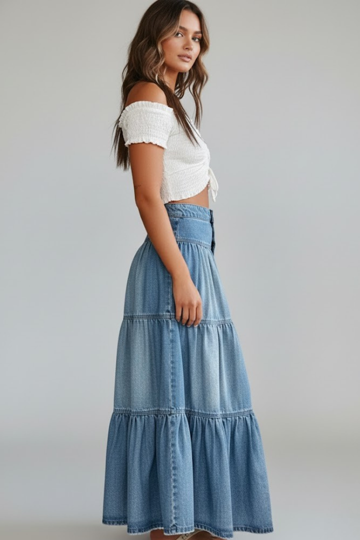 Women's Denim Skirt | Maxi Length Button Front Tiered