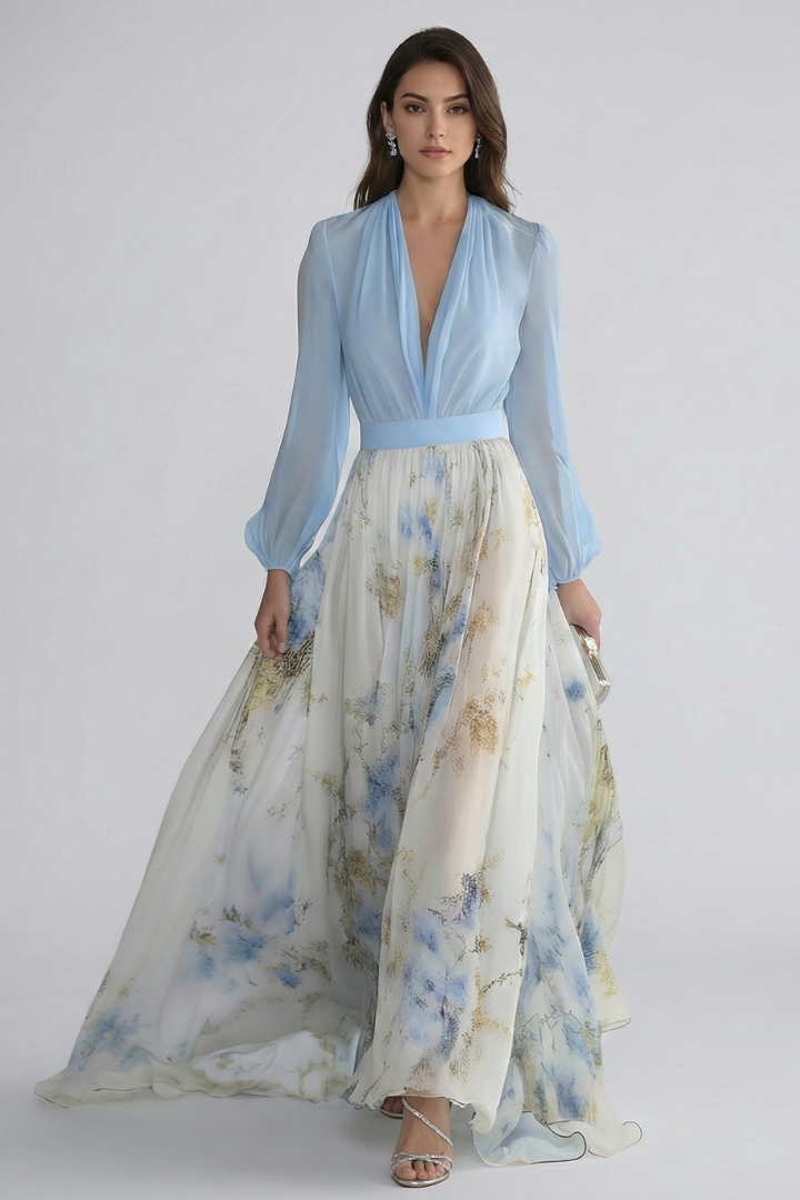 Women's Maxi Dress | V-Neck Long Sleeves Floral Print