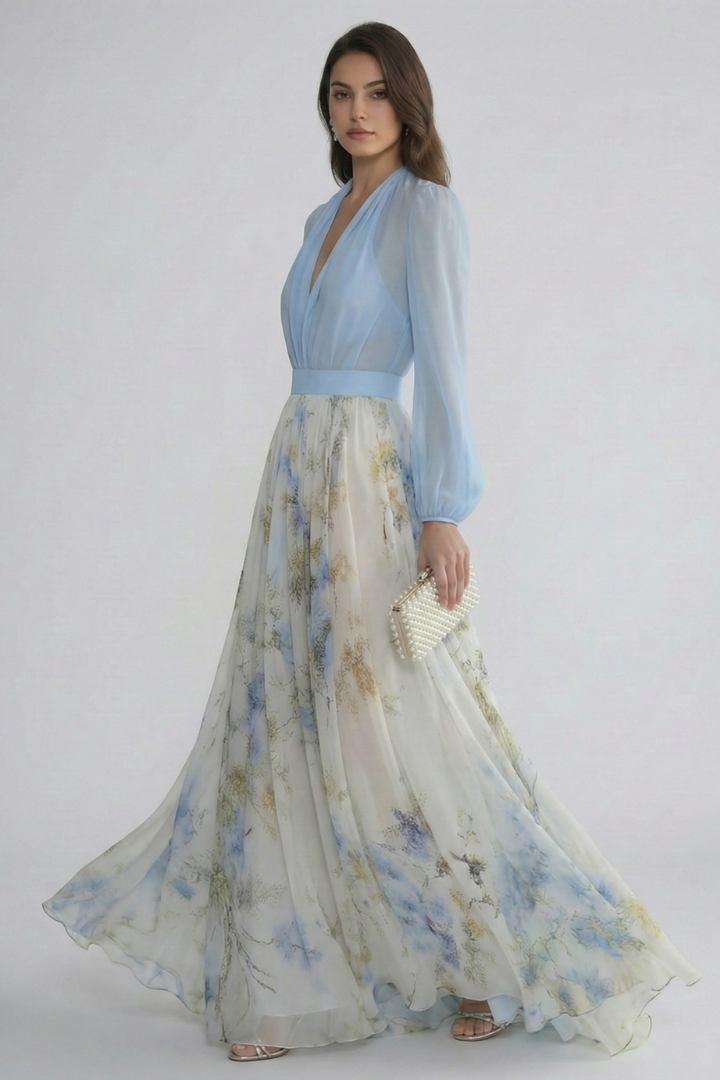 Women's Maxi Dress | V-Neck Long Sleeves Floral Print