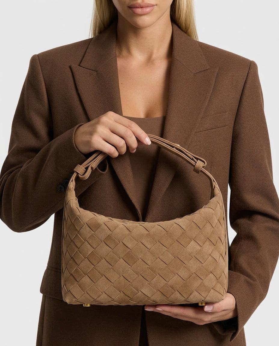 Women's Shoulder Bag | Woven Vegan Suede Quilted Hand-Woven