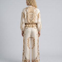 Women's Two Piece Set | Zip Front Blouson Short Sleeve Printed Polyester