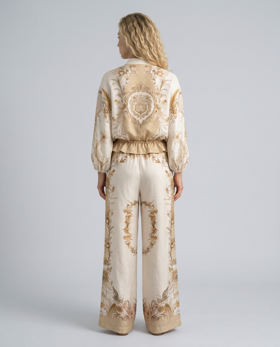 Women's Two Piece Set | Zip Front Blouson Short Sleeve Printed Polyester