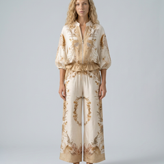Women's Two Piece Set | Zip Front Blouson Short Sleeve Printed Polyester