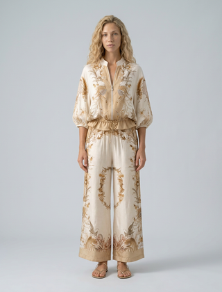 Women's Two Piece Set | Zip Front Blouson Short Sleeve Printed Polyester