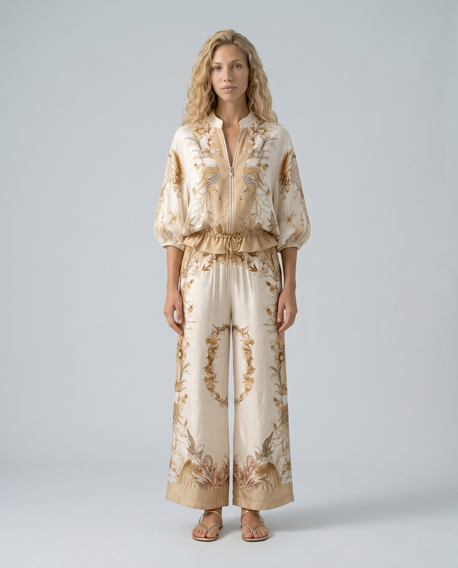Women's Two Piece Set | Zip Front Blouson Short Sleeve Printed Polyester
