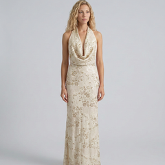 Women's Denim Dress | Maxi Halter Cowl Neck Open Back