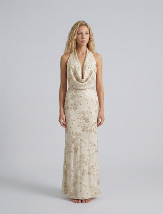 Women's Denim Dress | Maxi Halter Cowl Neck Open Back