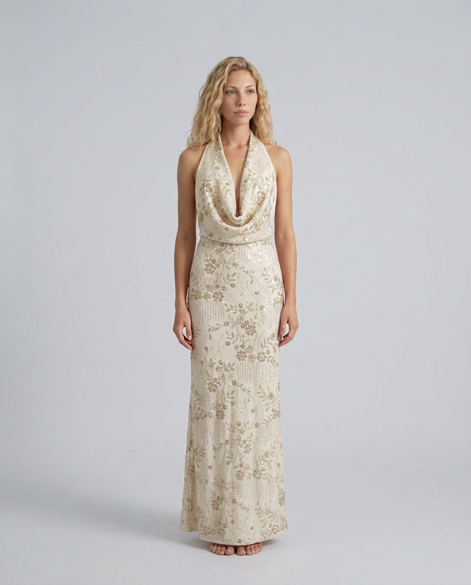 Women's Denim Dress | Maxi Halter Cowl Neck Open Back