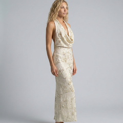 Women's Denim Dress | Maxi Halter Cowl Neck Open Back