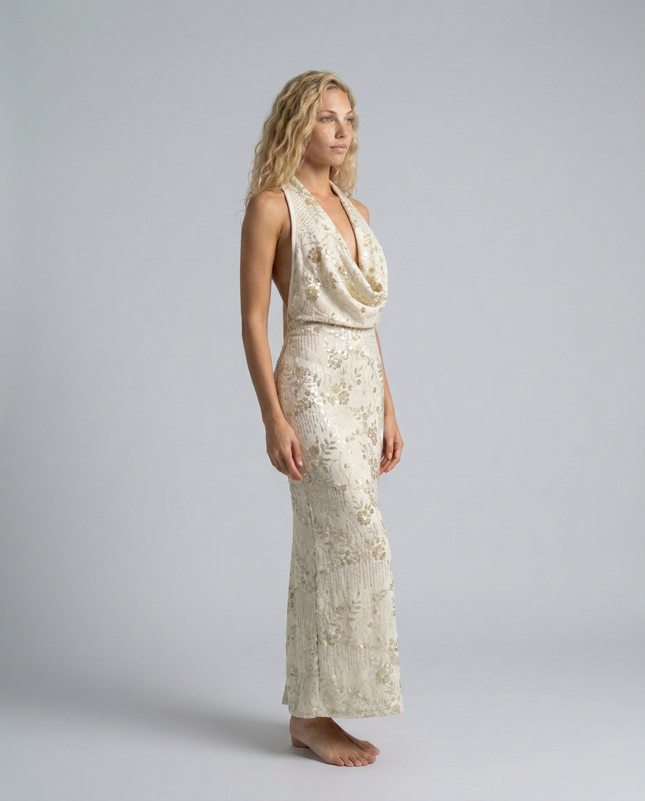 Women's Denim Dress | Maxi Halter Cowl Neck Open Back