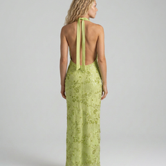 Women's Denim Dress | Maxi Halter Cowl Neck Open Back