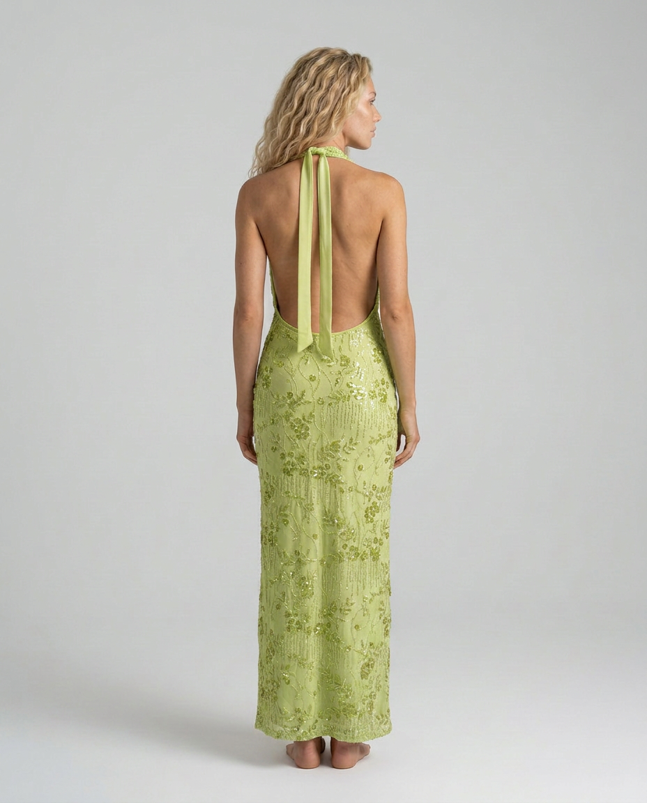 Women's Denim Dress | Maxi Halter Cowl Neck Open Back