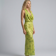 Women's Denim Dress | Maxi Halter Cowl Neck Open Back